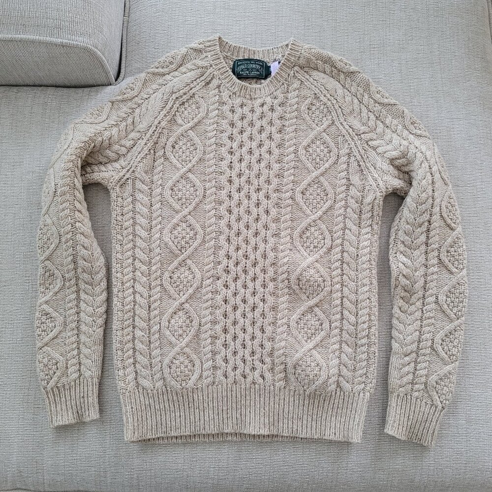Polo Country Ralph Lauren Fisherman Sweater Men's XS Wool Guernsey Cable Aran